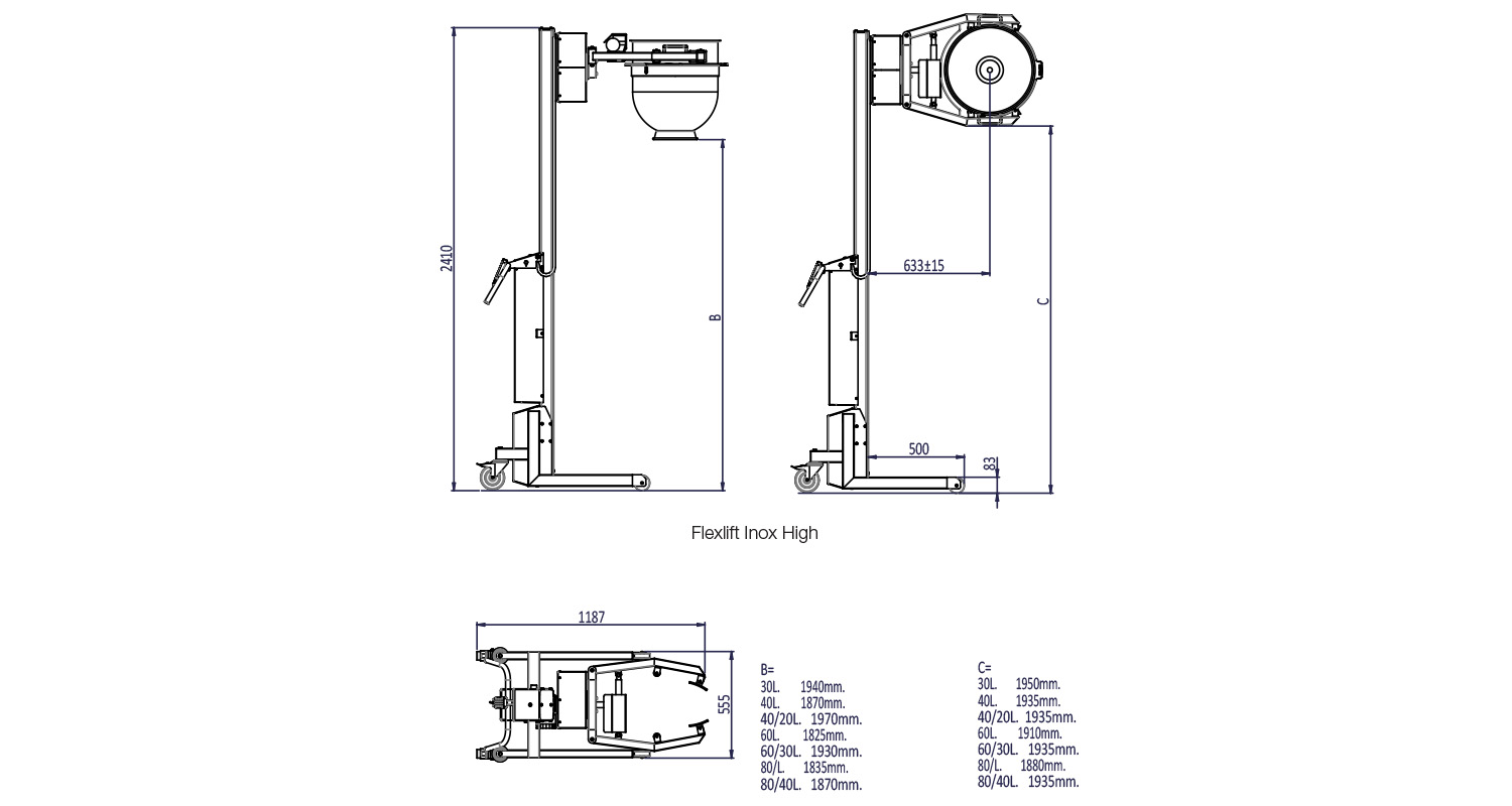 Varimixer - Lift - Flexlift Inox 30-80 - 1,95 Meter - Product Dimensions Illustration