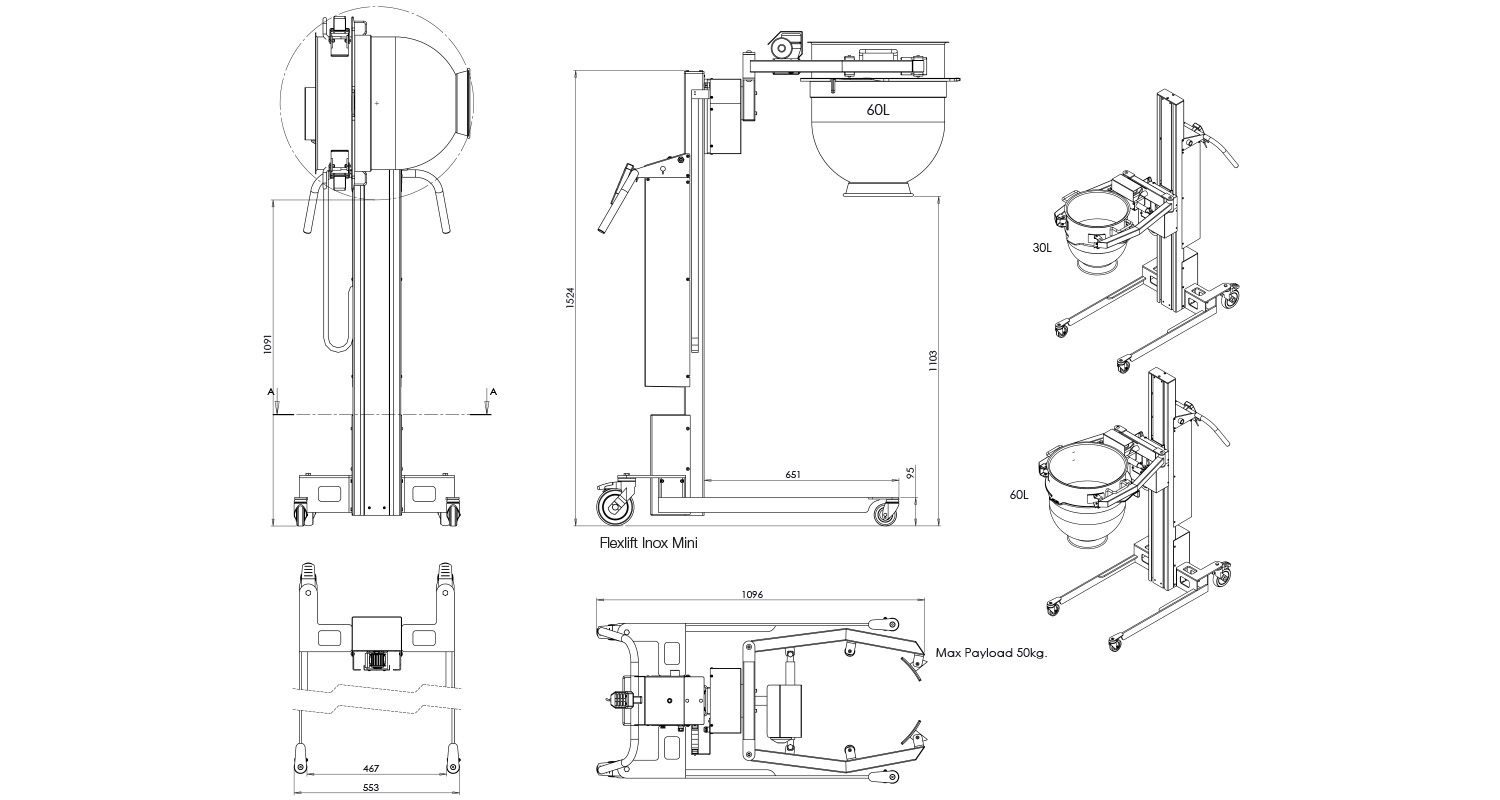Varimixer - Lift - Flexlift Inox Mini - Product Dimensions Illustration