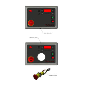 Front panel of a Varimixer control unit with a red display, keypad, green play button, and large red circular control; labeled parts CR10-501.2MZB and CR10-501.3MZB