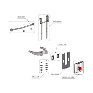 Exploded assembly diagram of a hardware kit with labeled parts (CR10-LTZB, CR10-68MZB, CR10-23.3ZB, CR10-3047B, 56CR10-111.1MZB) and fasteners.