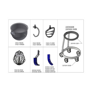 Product catalog page showing four component illustrations: a pot, a curved hook, a frame/basket, and a wheeled stand, each with model numbers printed below (e.g., CR20-75MZB, CR20-78MZB, CR20-27.2MZB, 22CR20-520ZB).