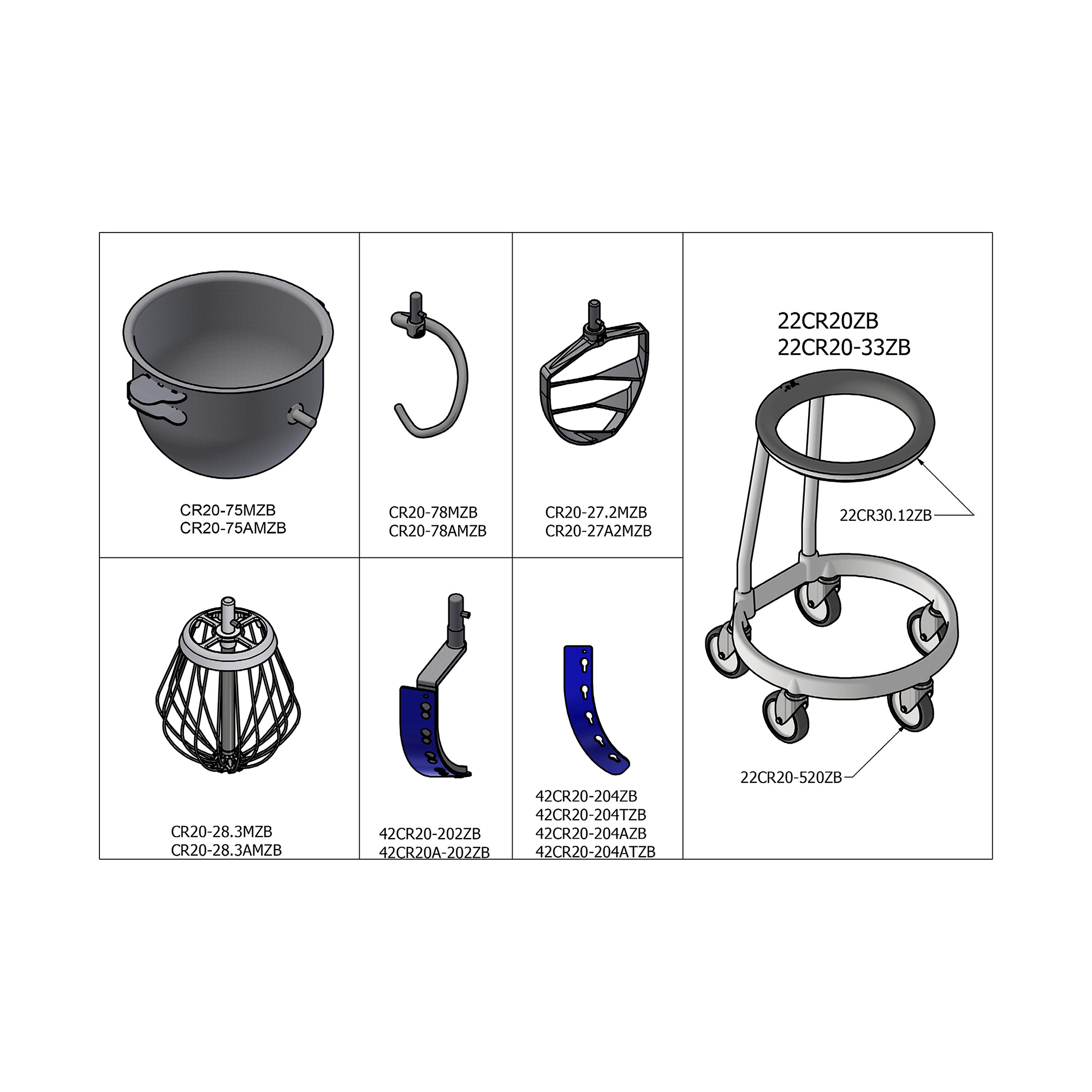 Product catalog page showing four component illustrations: a pot, a curved hook, a frame/basket, and a wheeled stand, each with model numbers printed below (e.g., CR20-75MZB, CR20-78MZB, CR20-27.2MZB, 22CR20-520ZB).