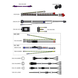 Technical diagram of multi‑cable assemblies with connectors and labeled part codes and voltage sections (208–230V, 400–480V).