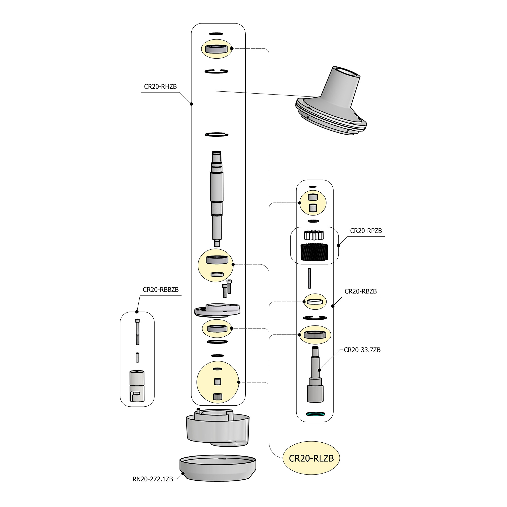 Exploded assembly diagram of a cylindrical device showing internal parts, rings, and seals with labeled components (CR20-RHBZB, RN20-272.1ZB).
