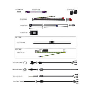 Diagram of a wiring harness with multiple cable assemblies and connectors labeled CR10-...., showing different harness sections and voltage ranges (208–230V and 400–480V).