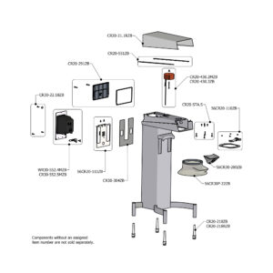 Exploded diagram of a mechanical assembly with labeled part codes and callouts showing panels, brackets, and screws.