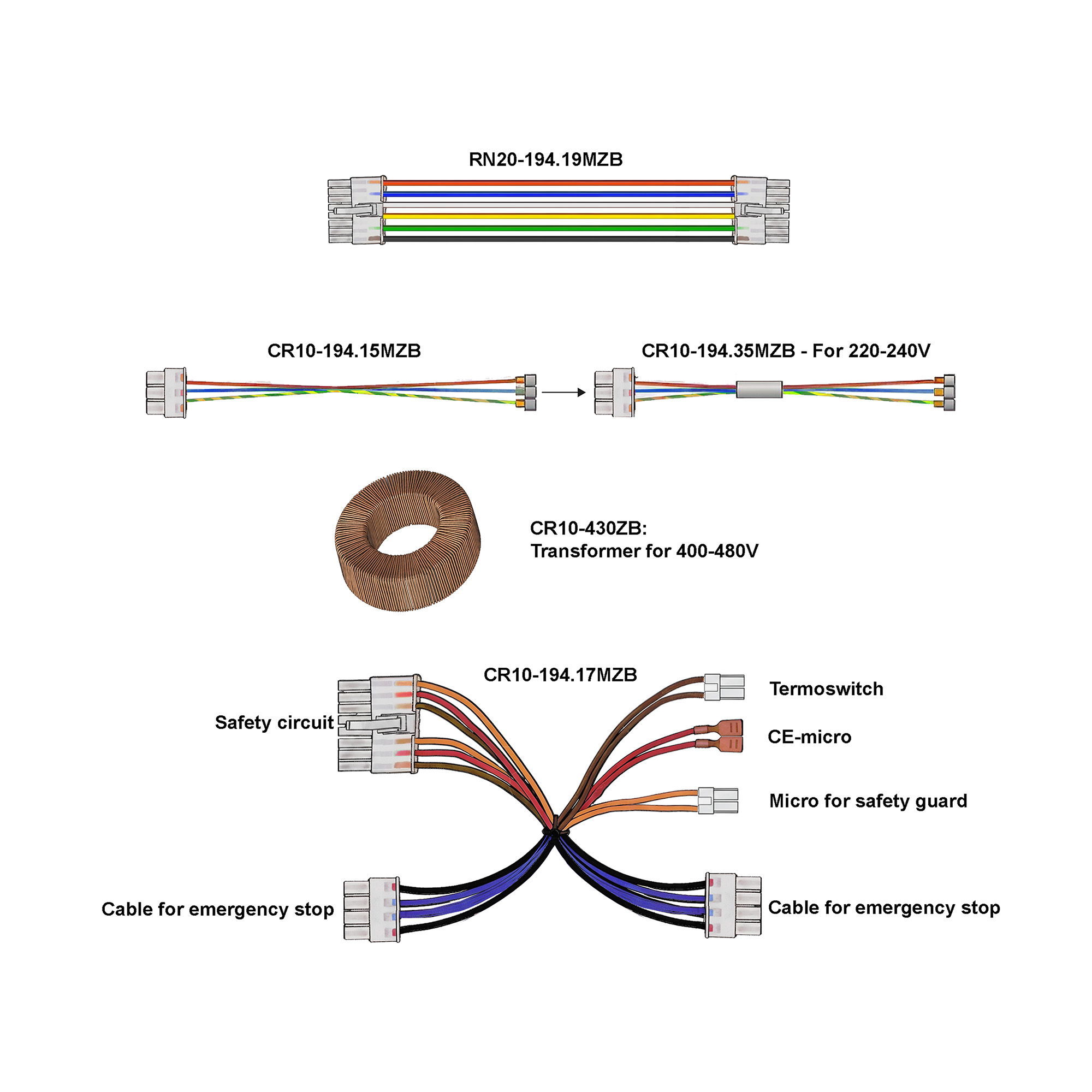 varimixer_spare_parts_RN10_Electric_components - Varimixer Wiring harness diagram with color-coded cables and two connector ends, labeled RN20-194.19MZB and CR10-194.15MZB among others.