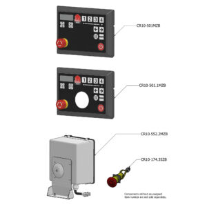 Exploded assembly diagram of a control panel with keypad, push buttons, and red emergency stop, with parts labeled CR10-501MZB and other components.