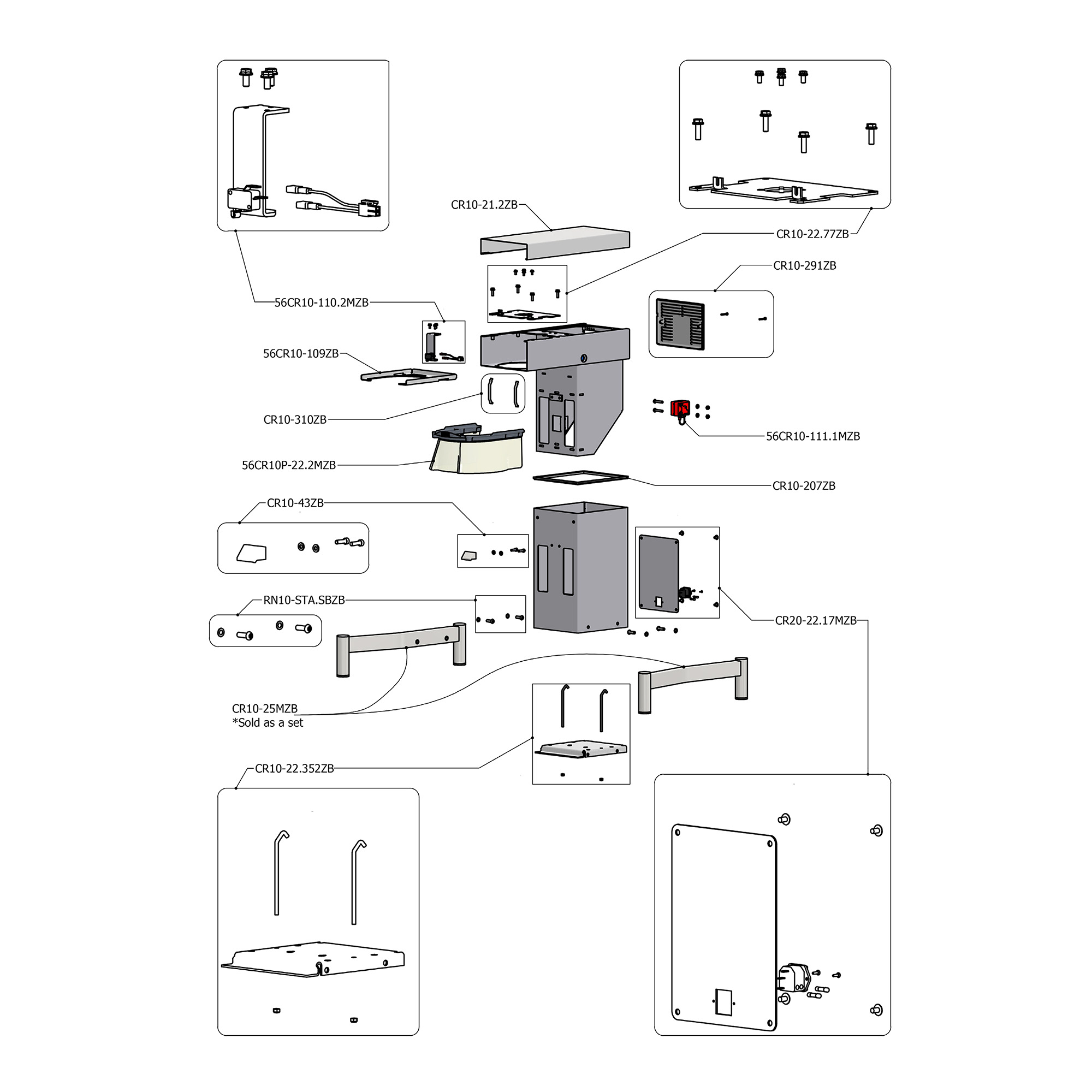 varimixer_spare_parts_RN10_Machine_housing_table_model - Varimixer Exploded assembly diagram of a device showing panels, internal chassis, and labeled hardware (screws, brackets).