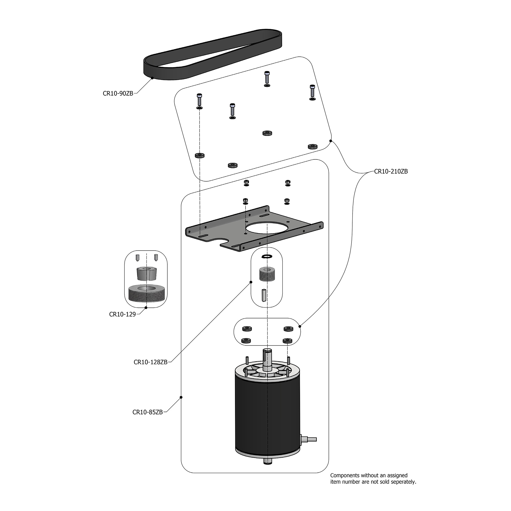 varimixer_spare_parts_RN10_Transmission - Varimixer Exploded assembly diagram of a cylindrical motor with a mounting plate and several fasteners labeled CR10-129, CR10-85ZB, CR10-128ZB, showing screws, washers, and brackets.