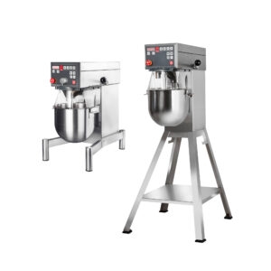 Two large commercial stand mixers with stainless steel bowls and control panels on a white background.