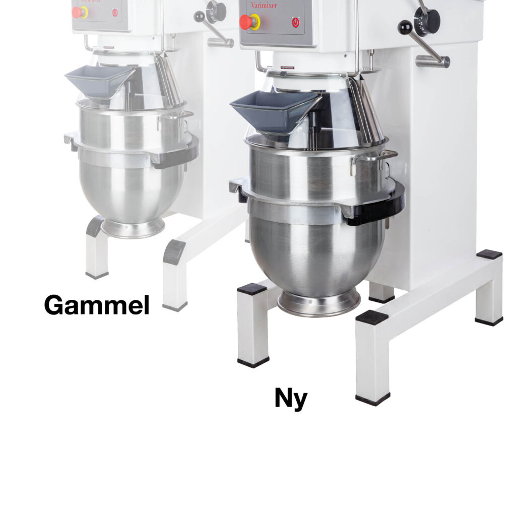 Two large commercial stand mixers with stainless steel bowls and metal arms, set against a white background.