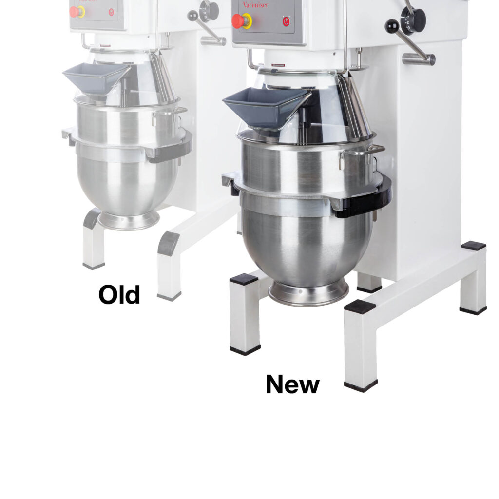 Two industrial stand mixers shown side by side, left labeled 'Old' and right labeled 'New' to compare designs.