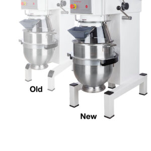 Two commercial stand mixers shown side by side, labeled Old on the left and New on the right, for dough mixing.