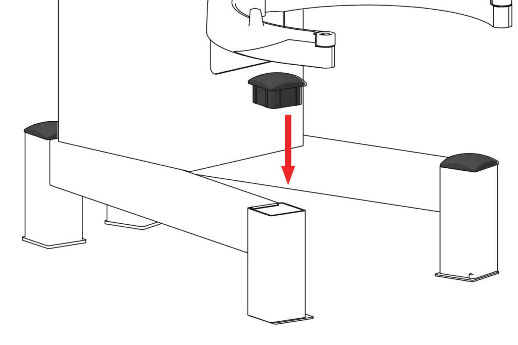 varimixer_newsletter_AR30_AR40_AR60_knee_foot_design_new_design_semi_side_view_planetary_mixer - Varimixer - Varimixer Diagram showing a part being inserted into a vertical slot at the pedestal under a machine (red arrow points to the insertion point).