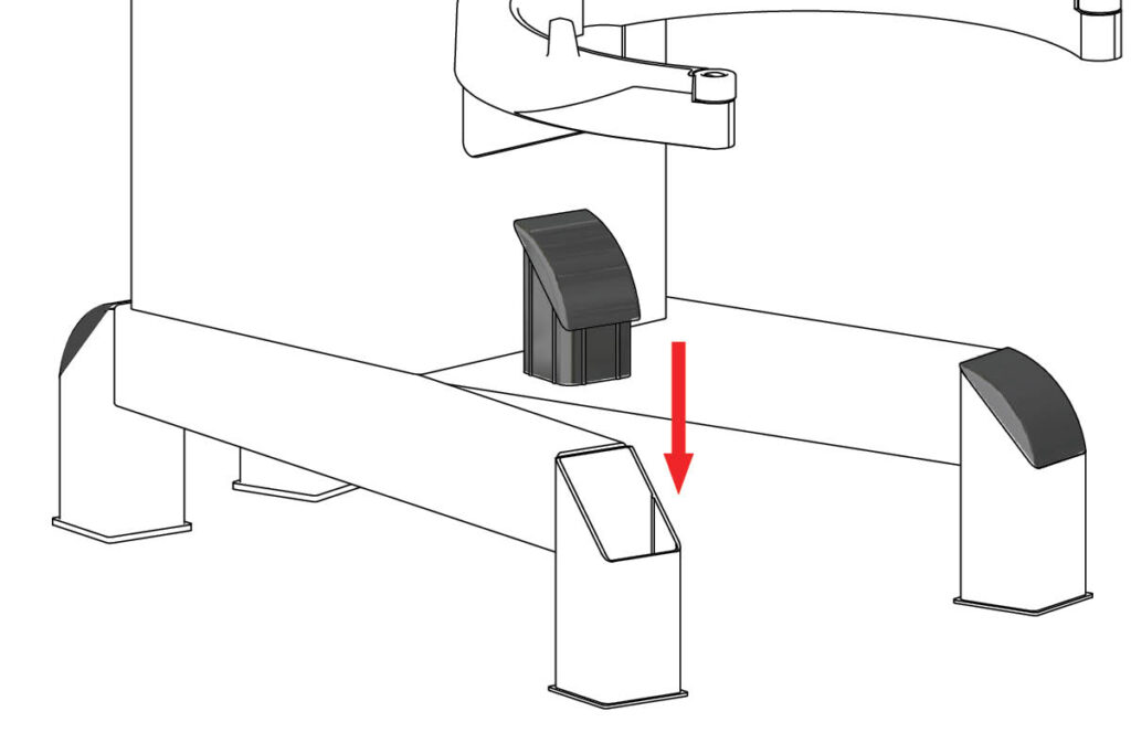 varimixer_newsletter_AR30_AR40_AR60_knee_foot_design_old_design_semi_side_view_planetary_mixer - Varimixer - Varimixer Machine with a lowered open waste receptacle; a red arrow points to dropping an item into the open bin beneath the unit.